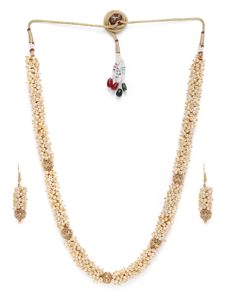 Gold plated Handcrafted pearl long necklace set - Image 3