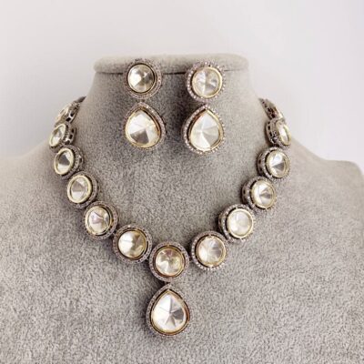 Victorian Uncut Polki Faux Diamond Necklace With Earring