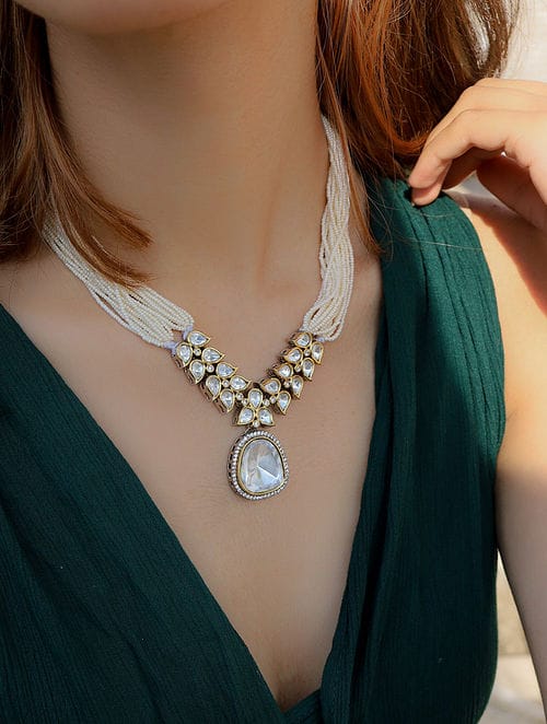 Silver Finish Kundan Polki Necklace Set