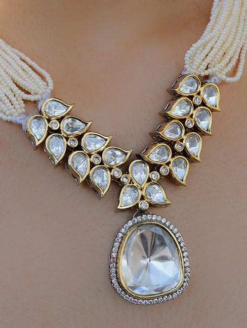 Silver Finish Kundan Polki Necklace Set - Image 3
