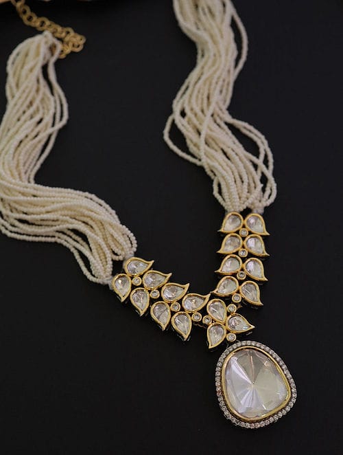 Silver Finish Kundan Polki Necklace Set - Image 2