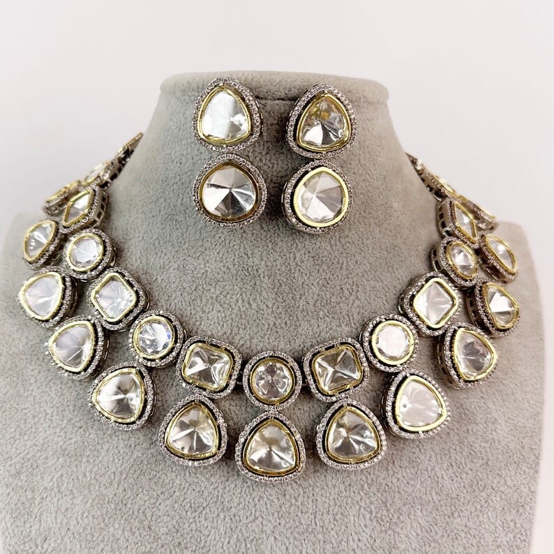 Silver Finish Kundan Polki Necklace Set
