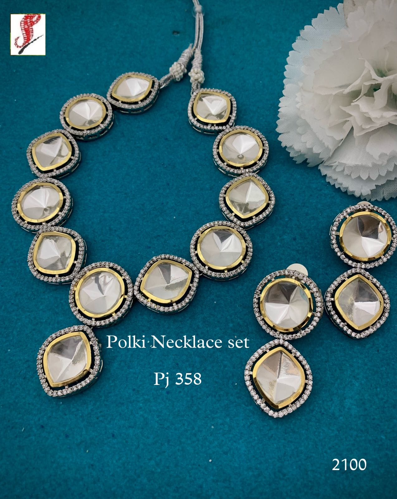 Silver Finish Kundan Polki Necklace Set - Image 2