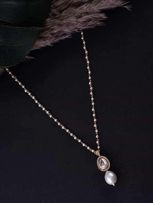 Gold Finish White Kundan Polki & Pearl Handcrafted Long Necklace - Image 5