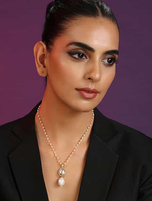 Gold Finish White Kundan Polki & Pearl Handcrafted Long Necklace - Image 3