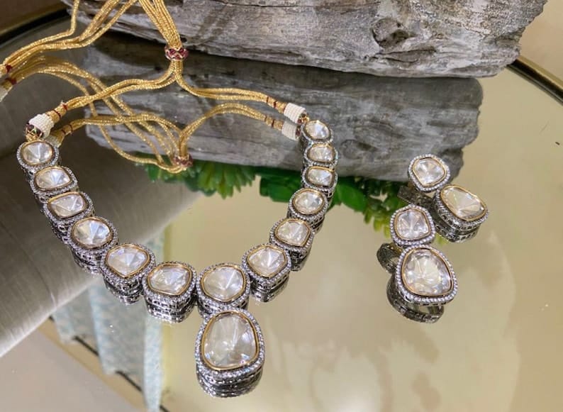 Silver Finish Kundan Polki Necklace Set