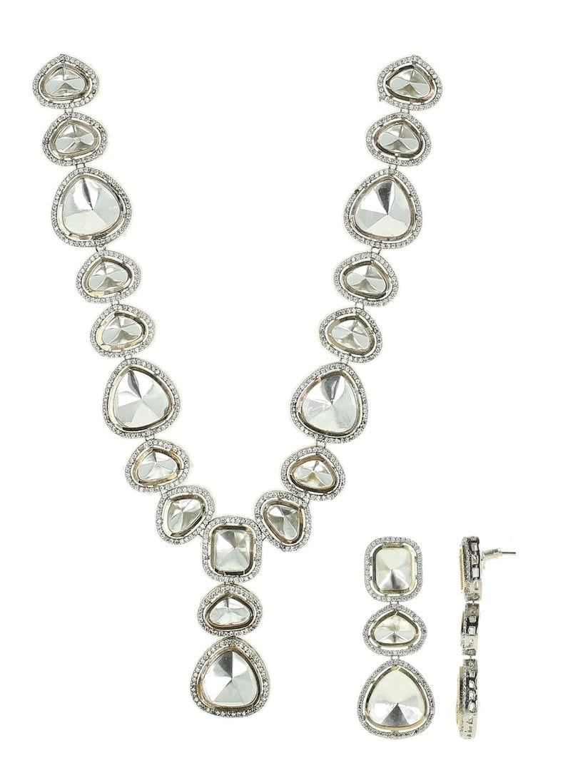 Silver Finish Kundan Polki Necklace Set - Image 6