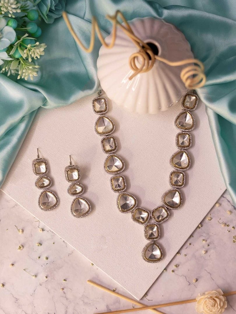 Silver Finish Kundan Polki Necklace Set