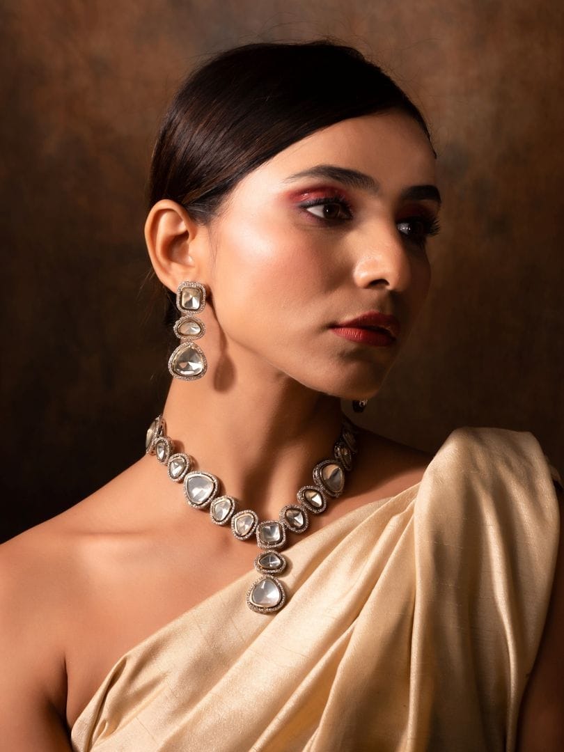 Silver Finish Kundan Polki Necklace Set - Image 4