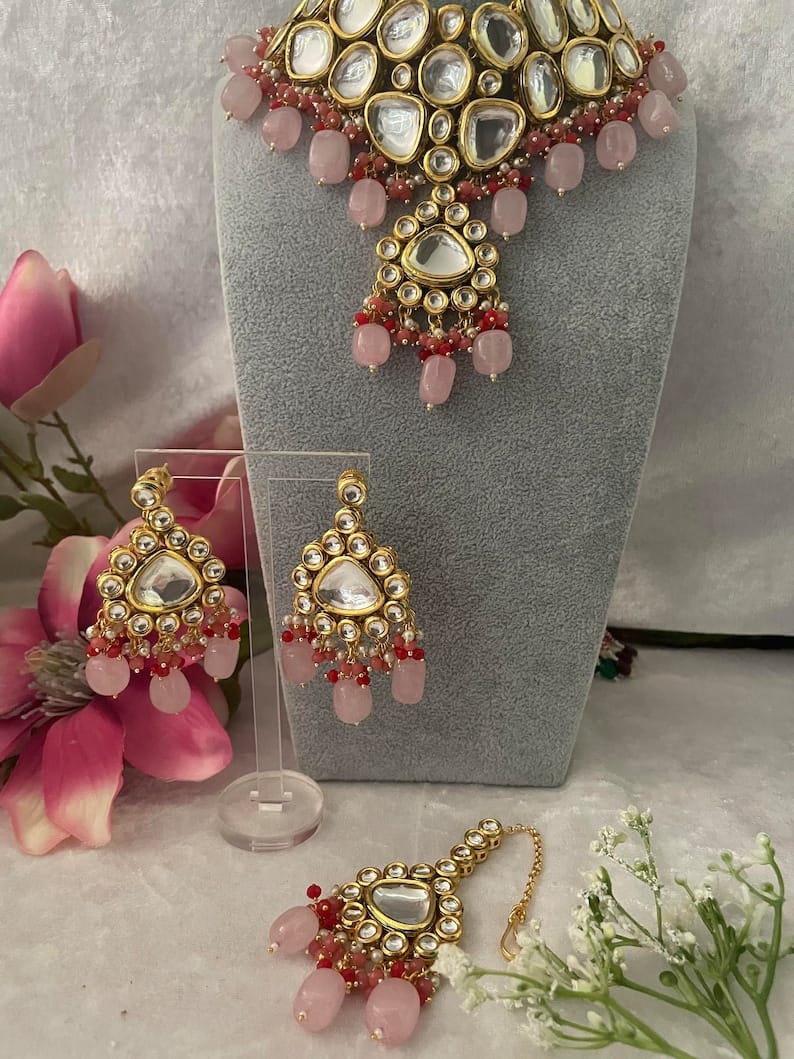 Gold Plated Bridal Kundan Polki Choker Necklace Set - Image 6