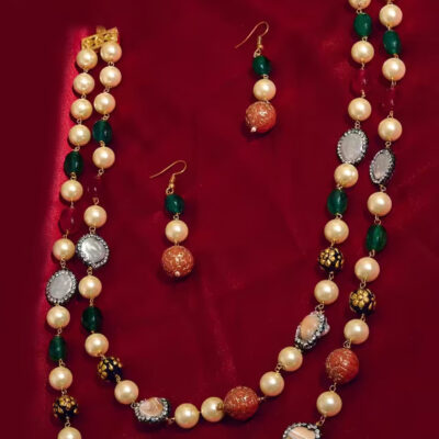 Gold Finish Multi-Colored Semi-Precious Stone & Crystal Bead Necklace