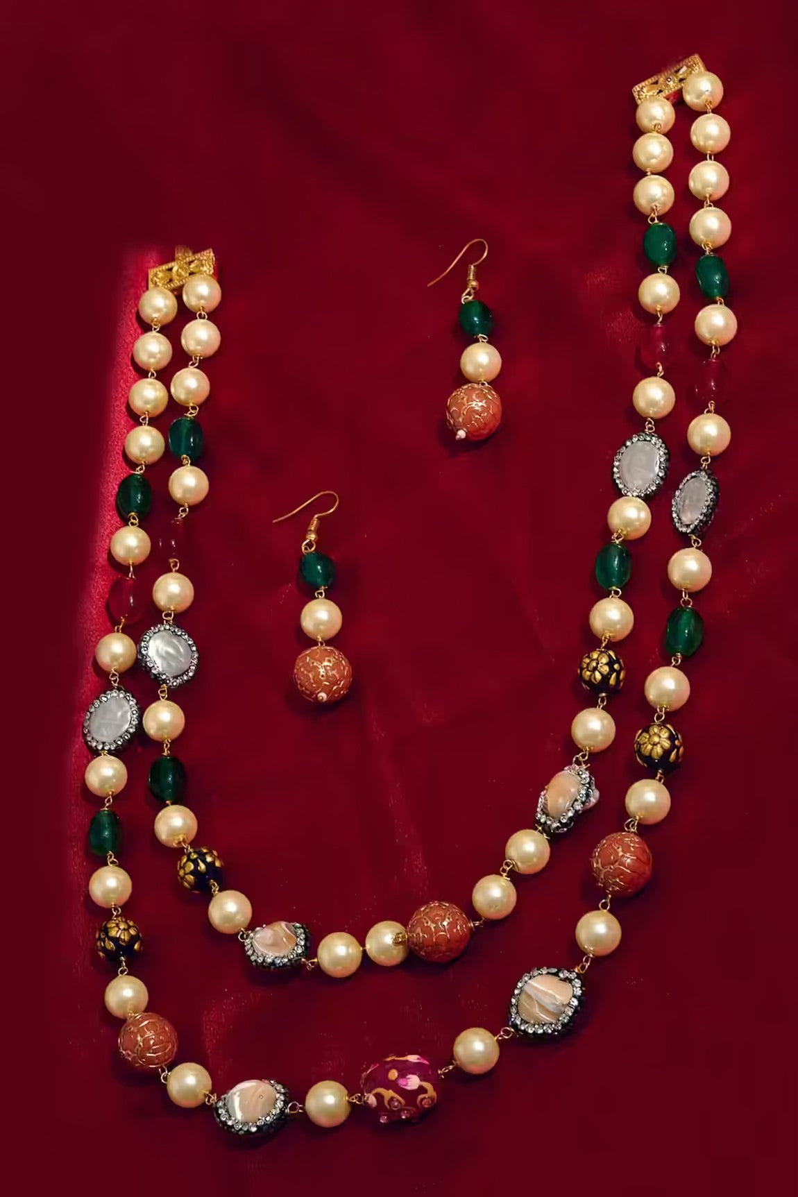 Gold Finish Multi-Colored Semi-Precious Stone & Crystal Bead Necklace