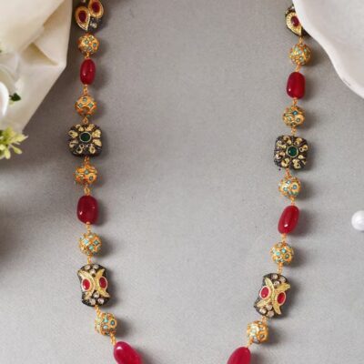 Gold Finish Multi-Colored Semi-Precious Stone & Crystal Bead Necklace