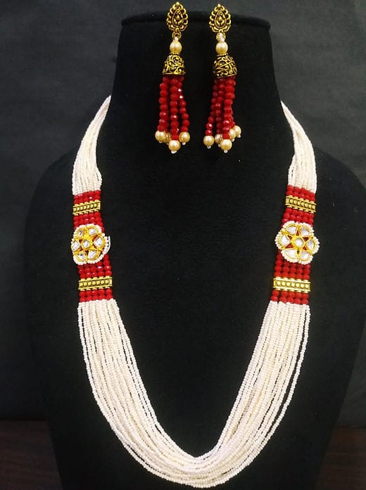 Gold Plated Kundan Stone & Beads Necklace Set - Image 3