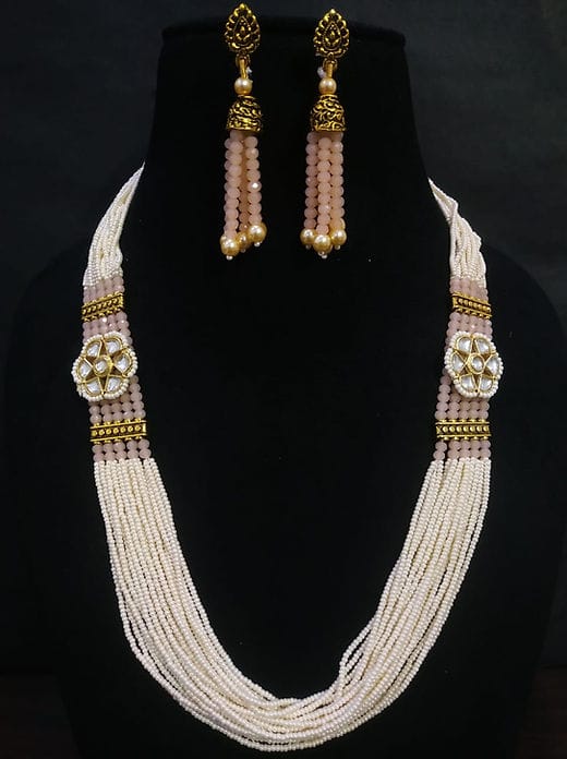 Gold Plated Kundan Stone & Beads Necklace Set - Image 8