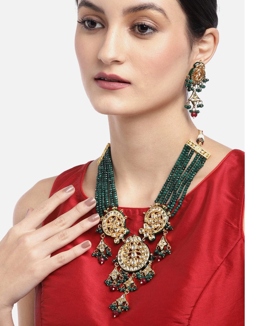 Green & Red Beads Kundan Gold Plated Jewellery Set - Image 2
