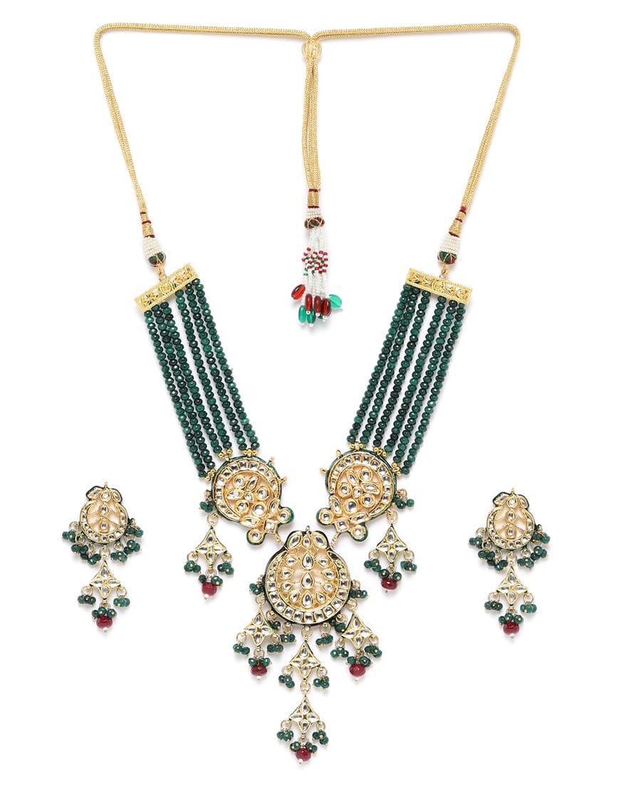 Green & Red Beads Kundan Gold Plated Jewellery Set - Image 3
