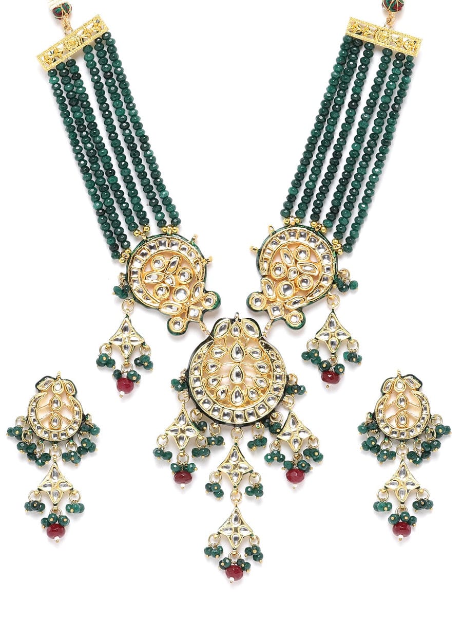 Green & Red Beads Kundan Gold Plated Jewellery Set - Image 4