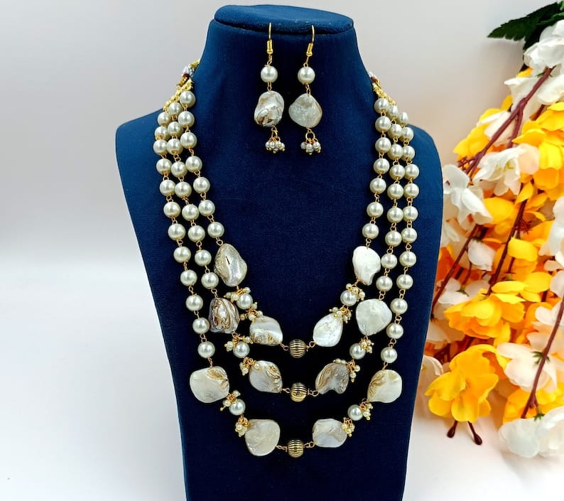 Long White Pearl Necklace Set