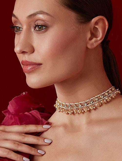 Gold Finish Kundan & Pearl Choker Necklace - Image 3