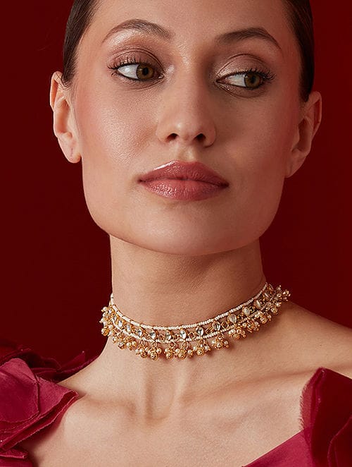 Gold Finish Kundan & Pearl Choker Necklace - Image 2