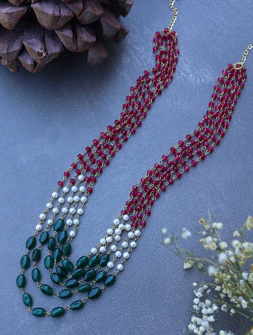 Red & Green With White Pearl Long Necklace