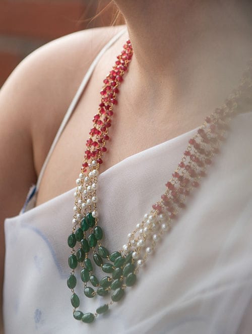 Red & Green With White Pearl Long Necklace - Image 2