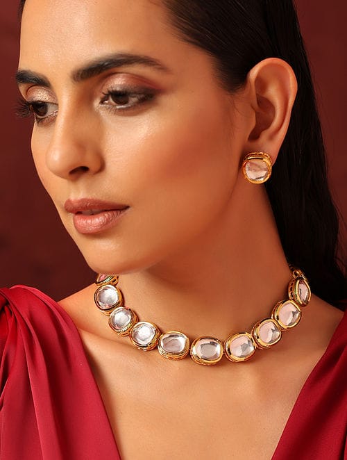Gold Plated Kundan Embellished Necklace Set - Image 4