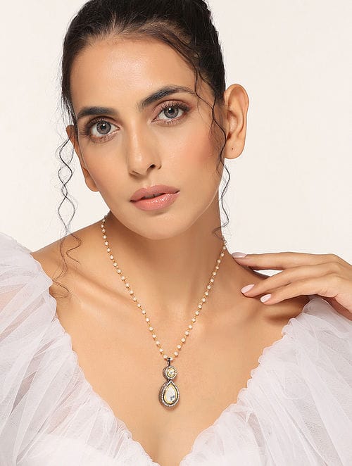 Gold Plated Kundan Embellished Long Necklace Set - Image 6