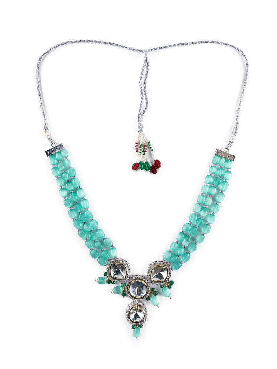 Silver Plated Polki Embellished Necklace Set - Image 4