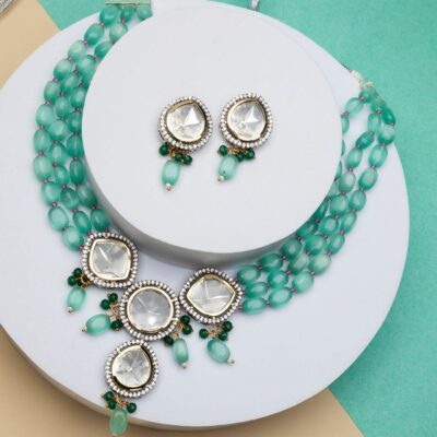 Silver Plated Polki Embellished Necklace Set