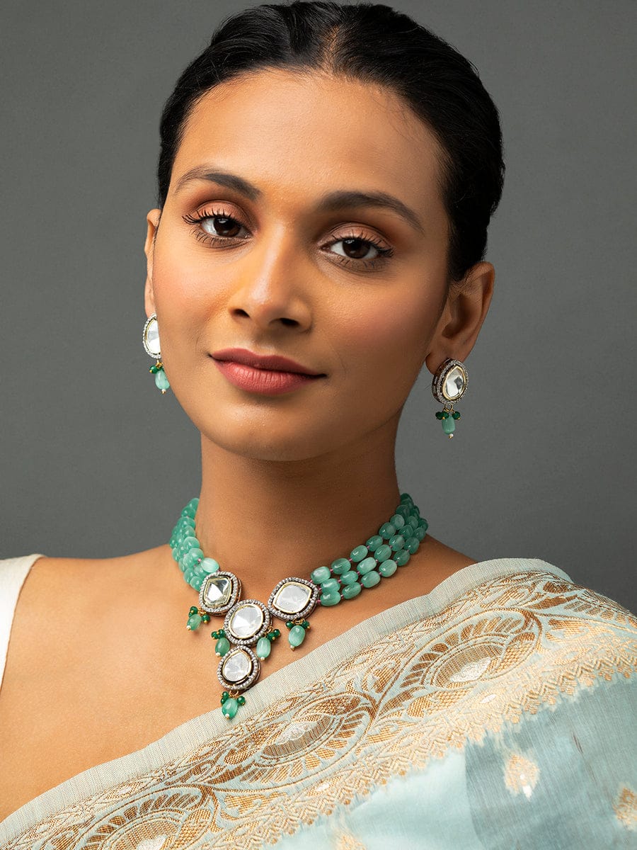 Silver Plated Polki Embellished Necklace Set - Image 2