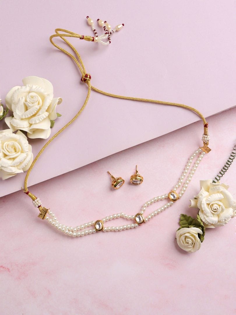 Gold Finish Kundan Peral Necklace Set - Image 2