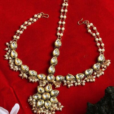 Gold & White Pearls Kundan Mathapatti