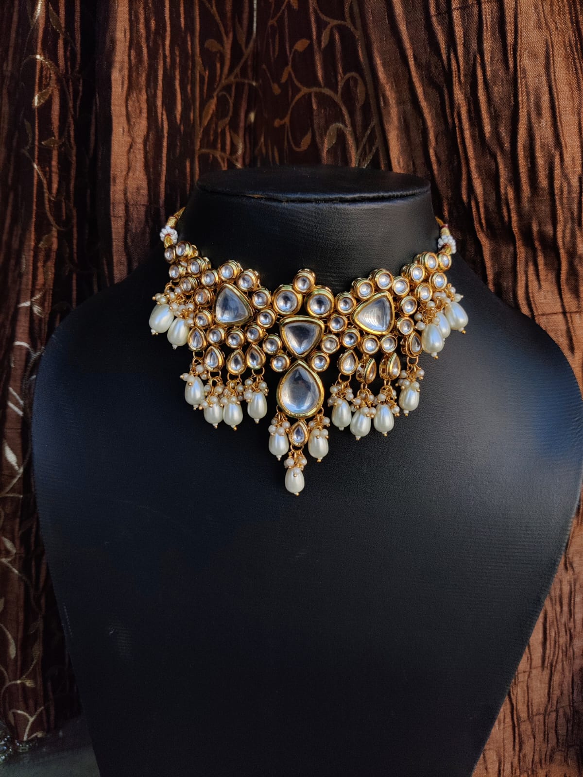 Womens Gold Plated Kundan Stone Designer Necklace Set - Image 4