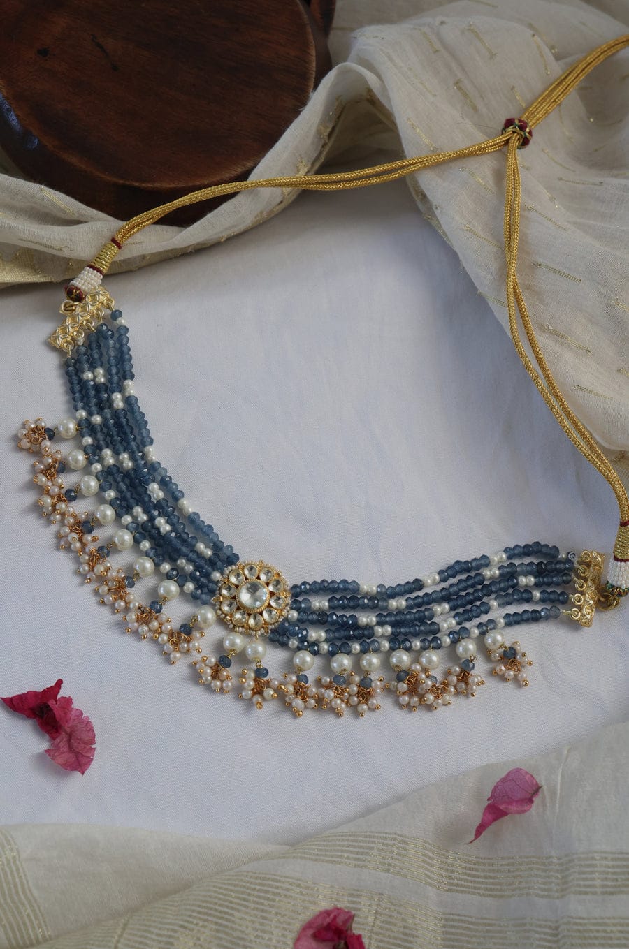 Gold Finish Uncut Kundan Polki & Blue Stone Choker Necklace - Image 2
