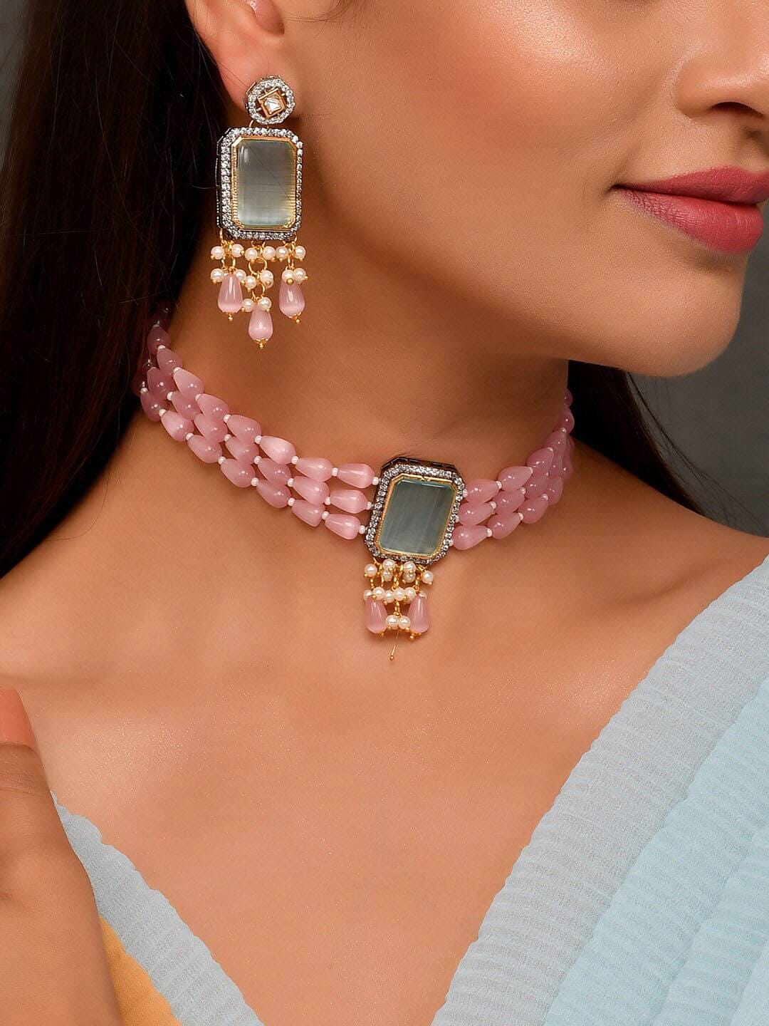 Womens Gold Plated Green Stone Designer Necklace Set - Image 2