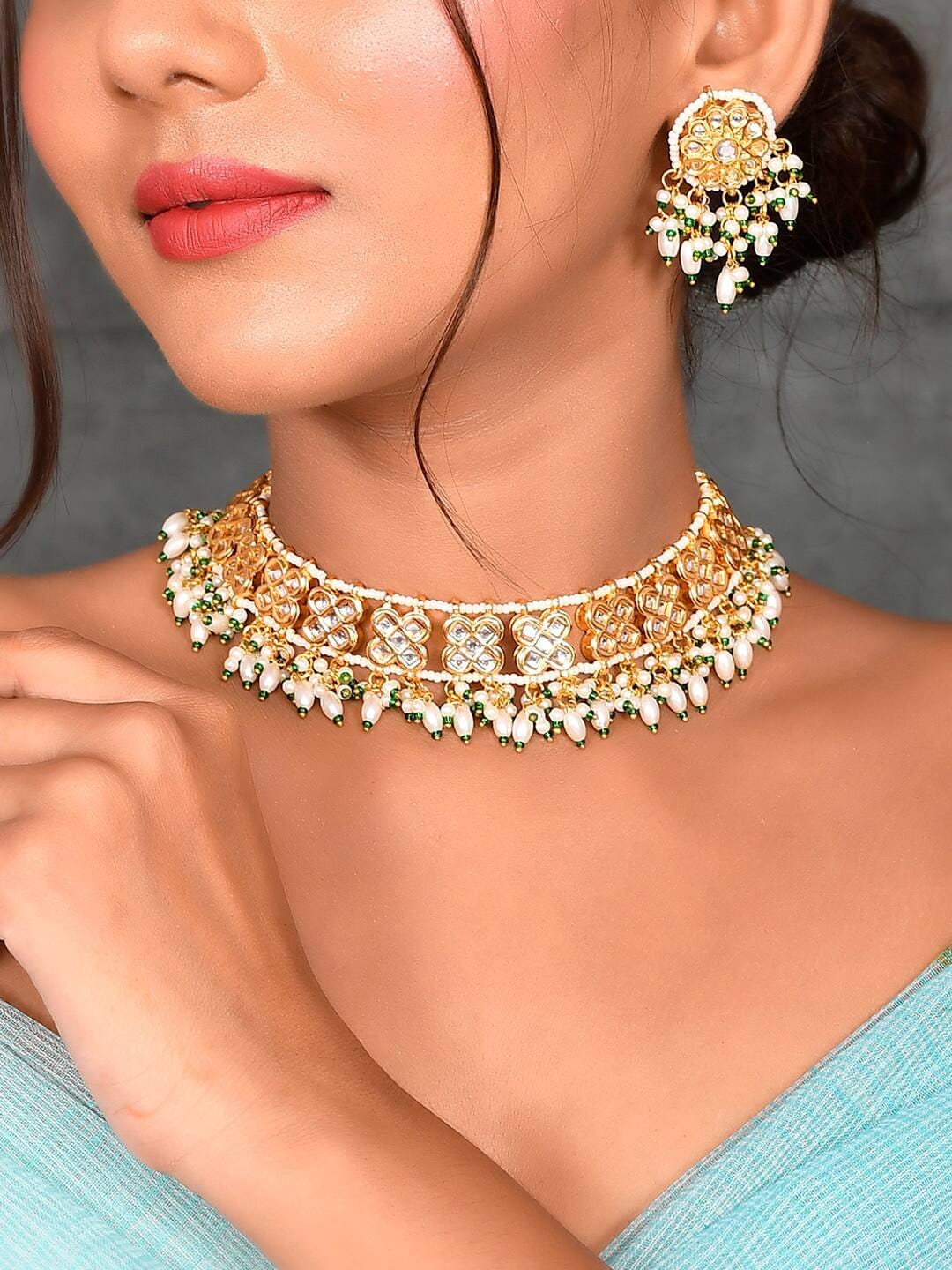 Womens Gold Plated Kundan Stone Designer Necklace Set - Image 3