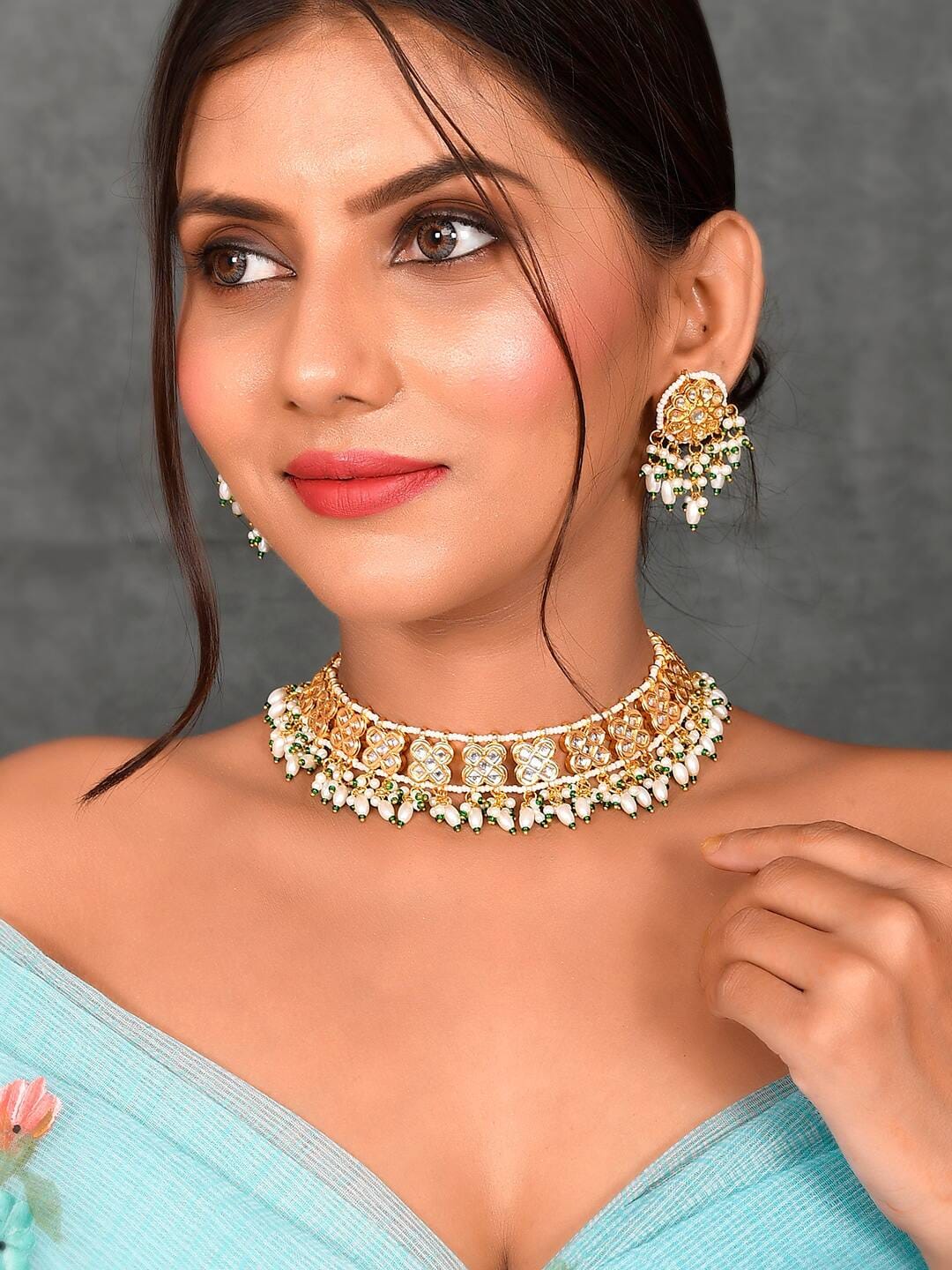 Womens Gold Plated Kundan Stone Designer Necklace Set - Image 2