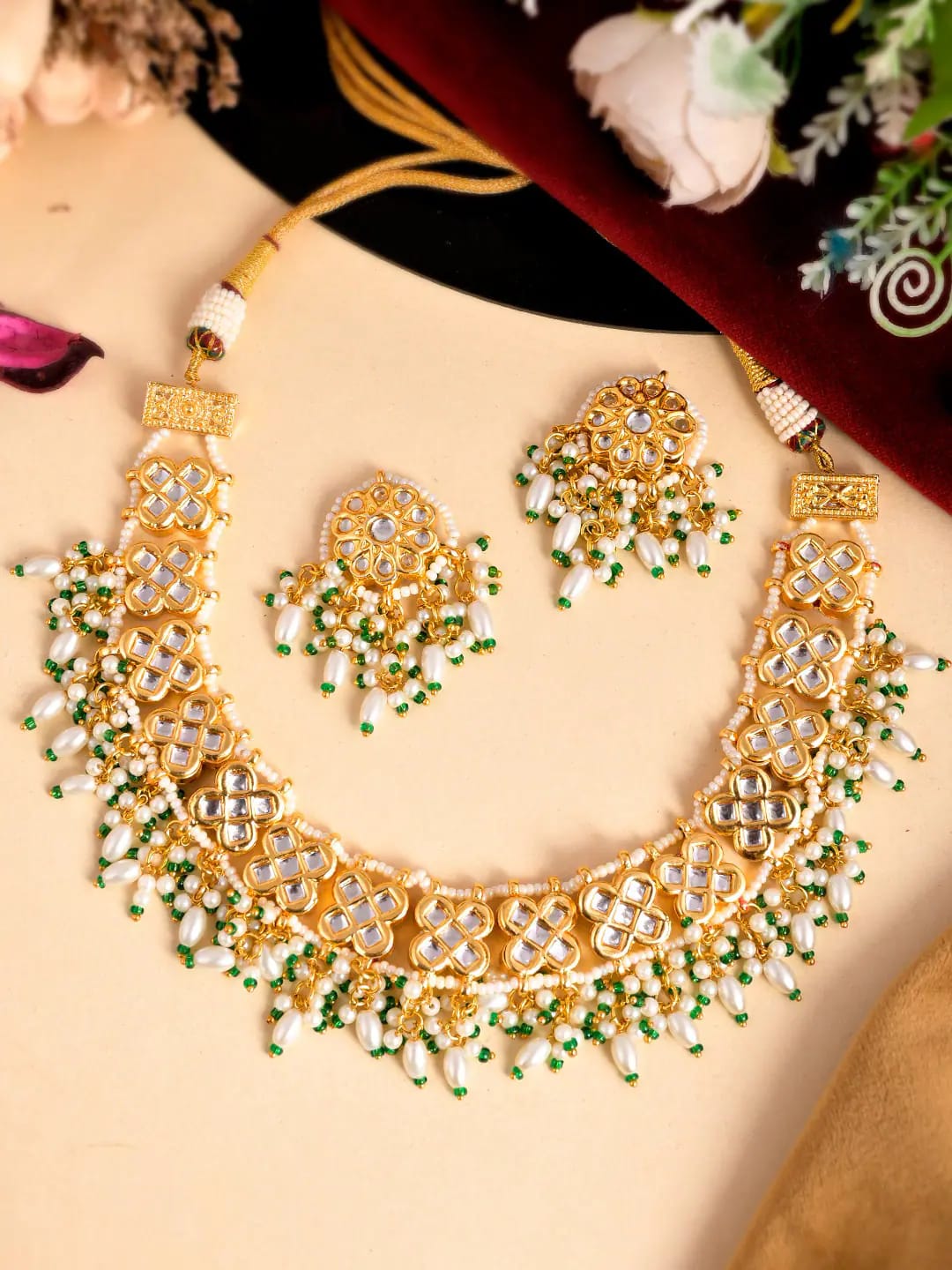 Womens Gold Plated Kundan Stone Designer Necklace Set