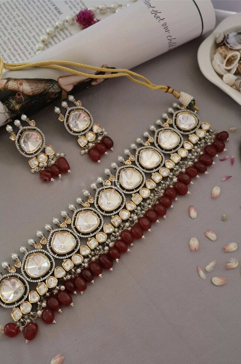 Premium Sabyasachi & Tyaani Inspired silver foil Kundan with Red beads Adjustable Choker Necklace Set (With earrings)
