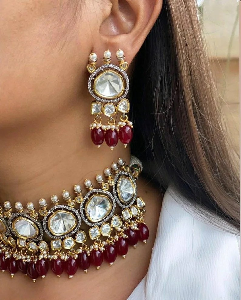Premium Sabyasachi & Tyaani Inspired silver foil Kundan with Red beads Adjustable Choker Necklace Set (With earrings) - Image 2