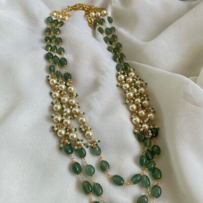 3 layer Green bead maala with pearls
