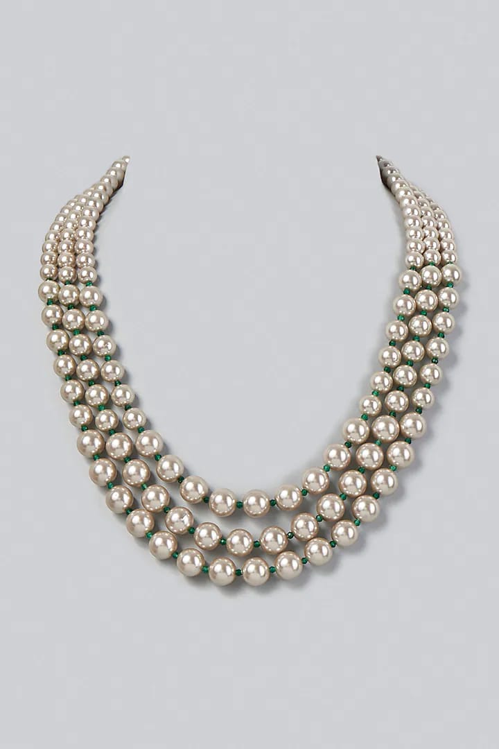 Gold Finish Off-White Beaded Long Necklace - Image 2