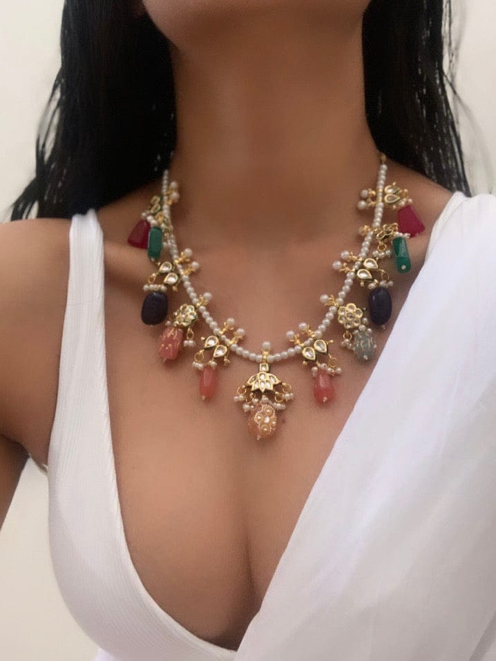 Multi Stone And Kundan Jewellery Necklace Set In Mix Metal - Image 5