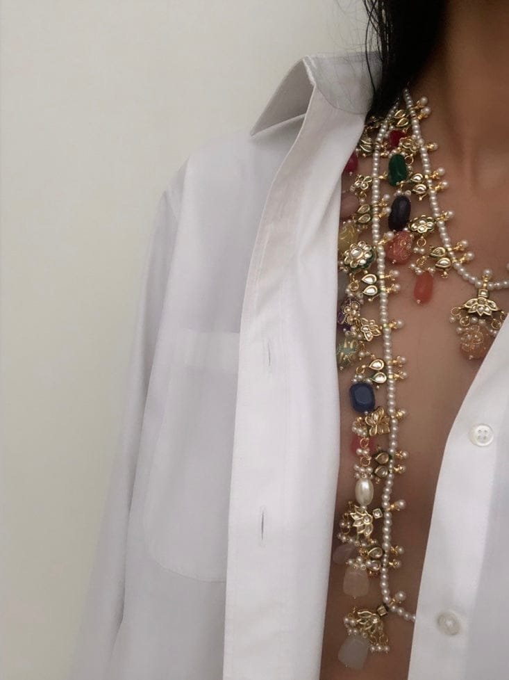Multi Stone And Kundan Jewellery Necklace Set In Mix Metal - Image 3