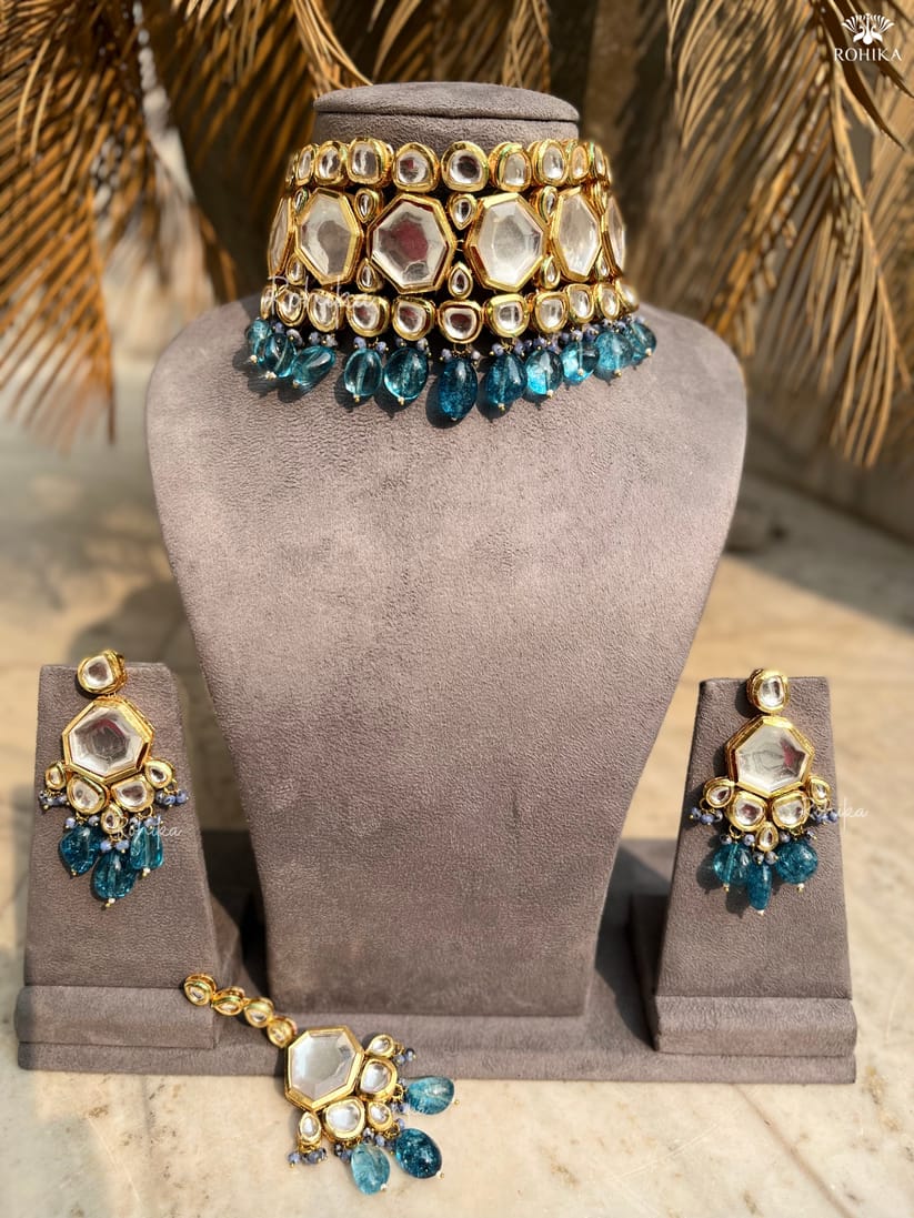 Blue Stone And Kundan Jewellery Necklace Set In Mix Metal