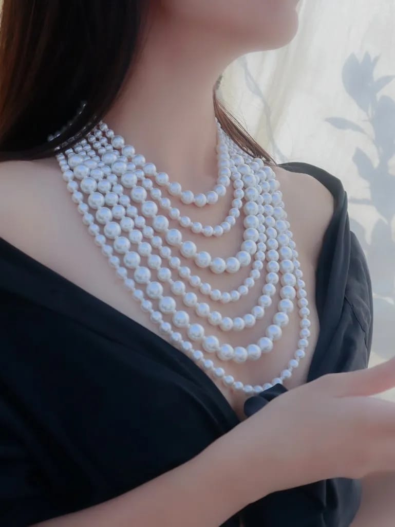 Cream White Long Mala Embellished With Uncut Pearls