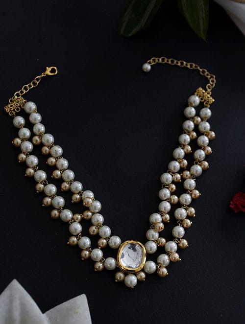Gold Tone Kundan & Pearl Necklace Set - Image 3