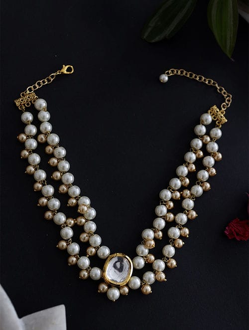 Gold Tone Kundan & Pearl Necklace Set - Image 2